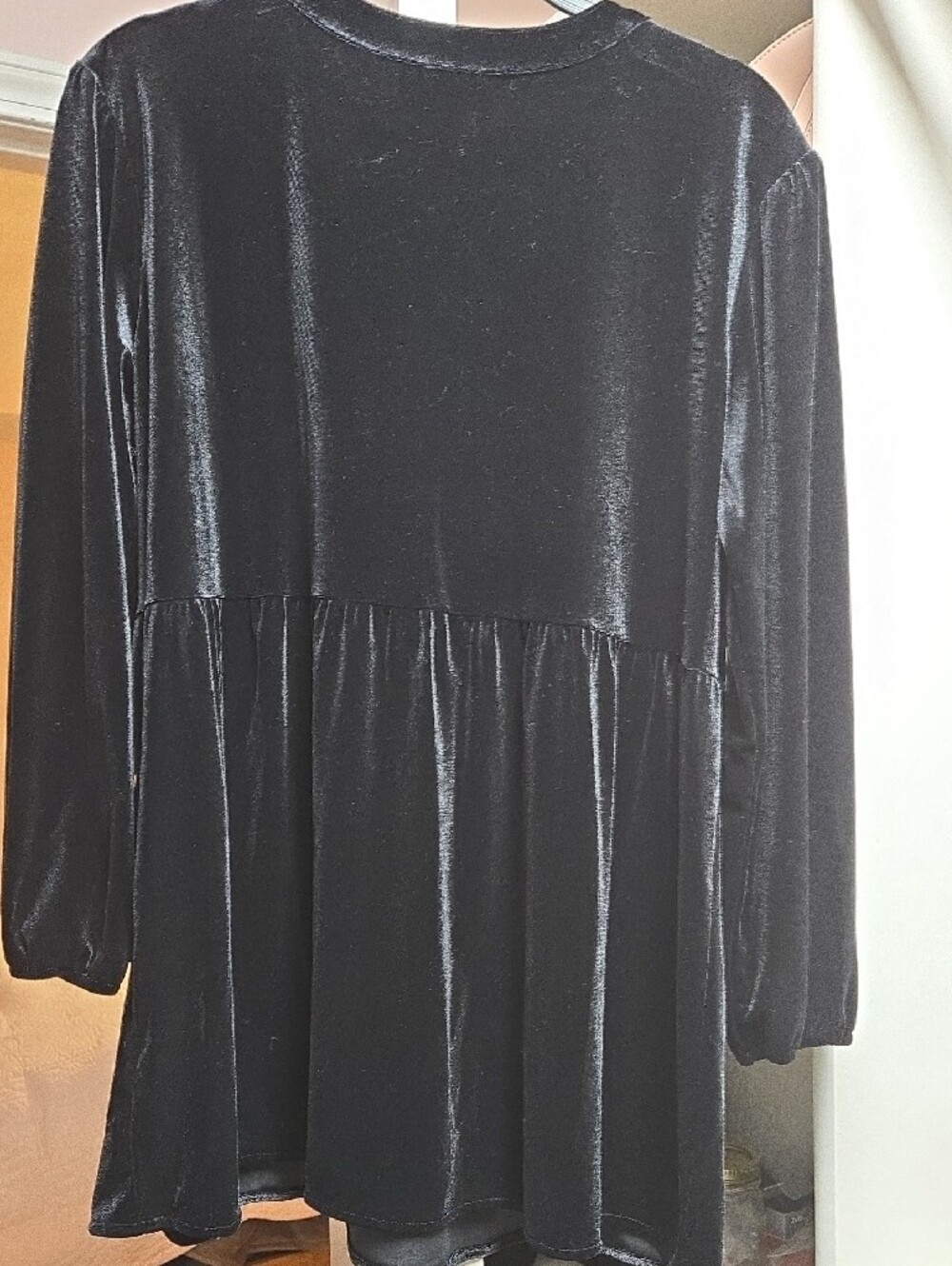 The Pioneer Woman Black Velvet Embroidered Tie-Neck Peplum Long Sleeve Top - Picture 3 of 5